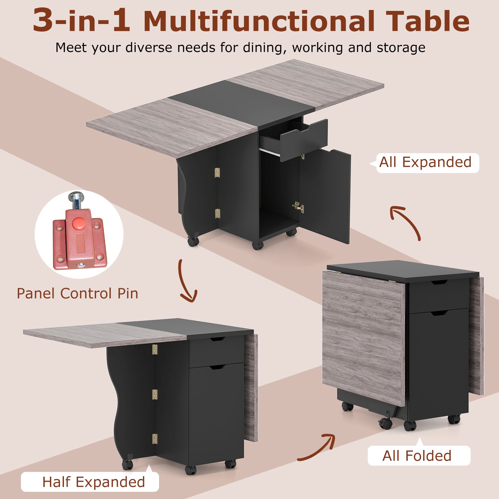 Folding Dining Table 3-in-1 Space-Saving Drop Leaf Kitchen Table with Lockable Wheels, Black Dining Tables at Gallery Canada