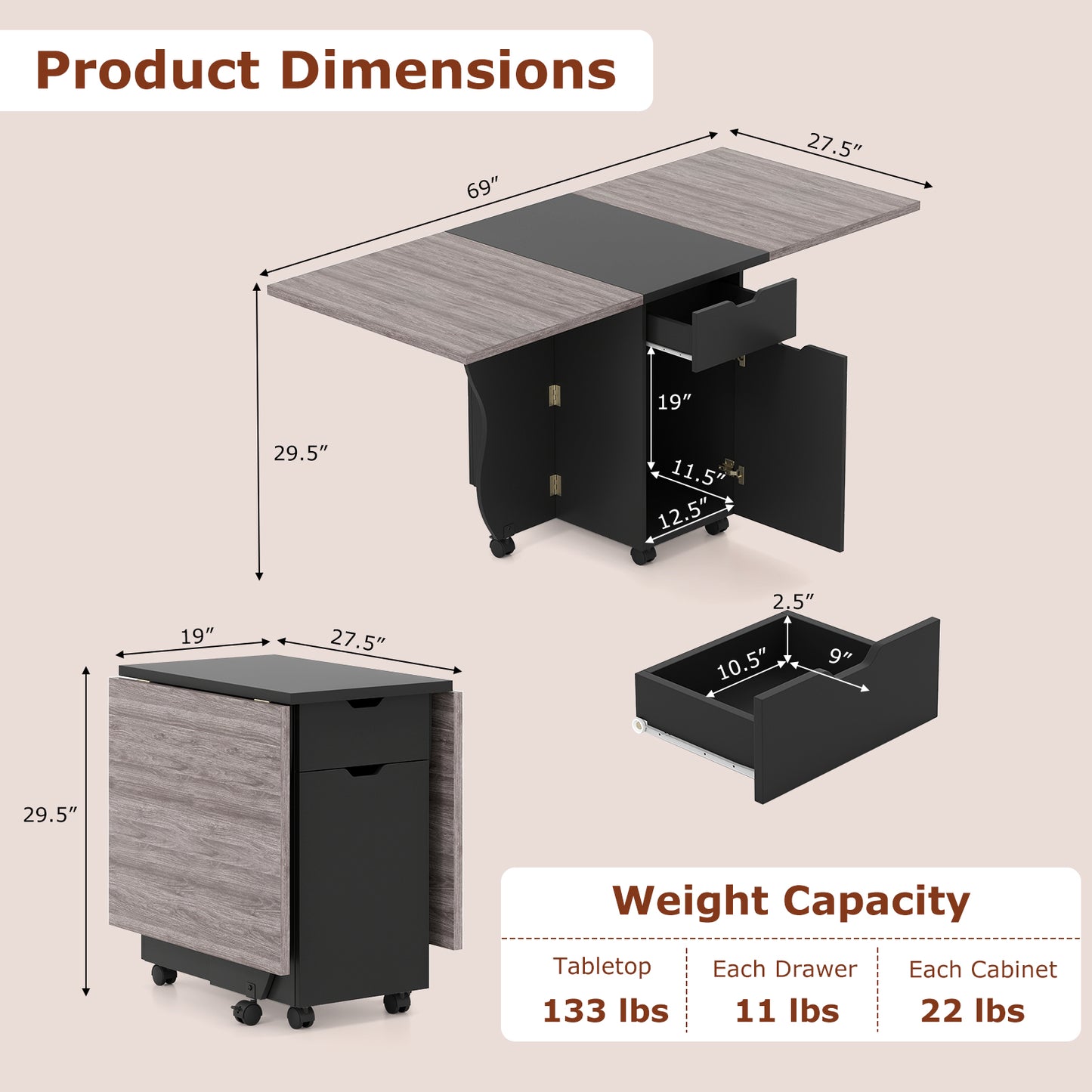 Folding Dining Table 3-in-1 Space-Saving Drop Leaf Kitchen Table with Lockable Wheels, Black Dining Tables at Gallery Canada