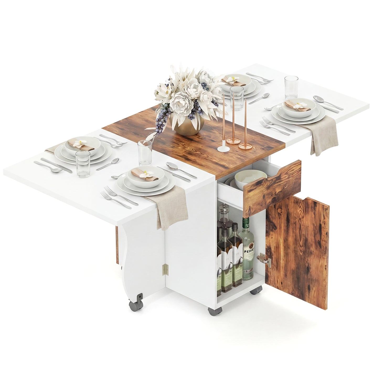 Folding Dining Table 3-in-1 Space-Saving Drop Leaf Kitchen Table with Lockable Wheels, Brown Dining Tables at Gallery Canada