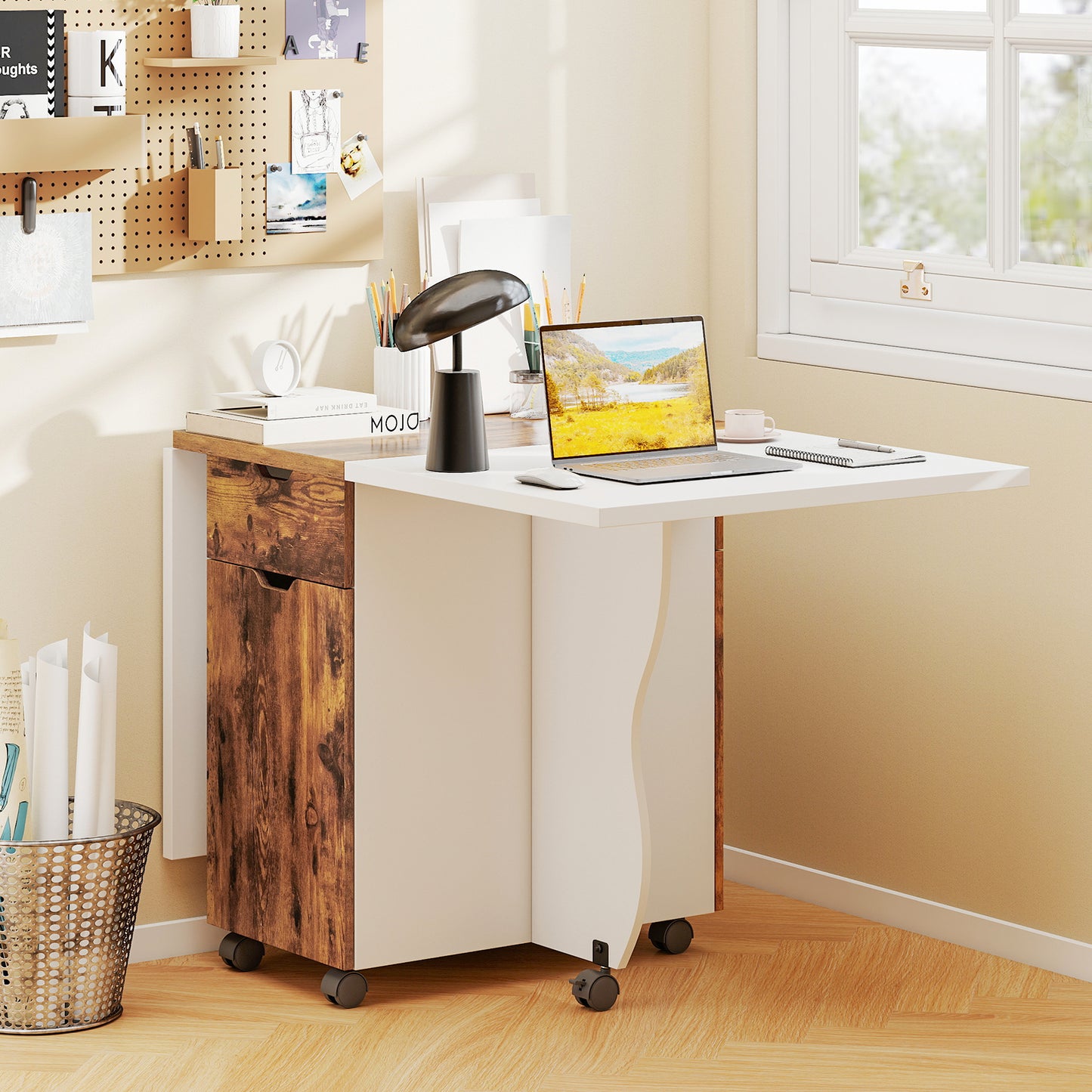 Folding Dining Table 3-in-1 Space-Saving Drop Leaf Kitchen Table with Lockable Wheels, Brown Dining Tables at Gallery Canada