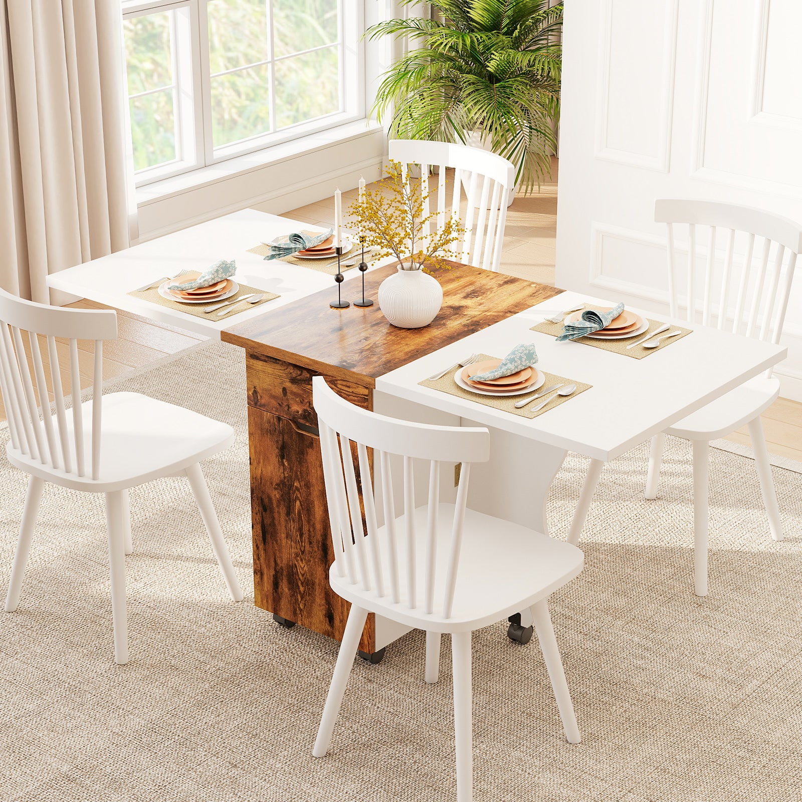 Folding Dining Table 3-in-1 Space-Saving Drop Leaf Kitchen Table with Lockable Wheels, Brown Dining Tables at Gallery Canada