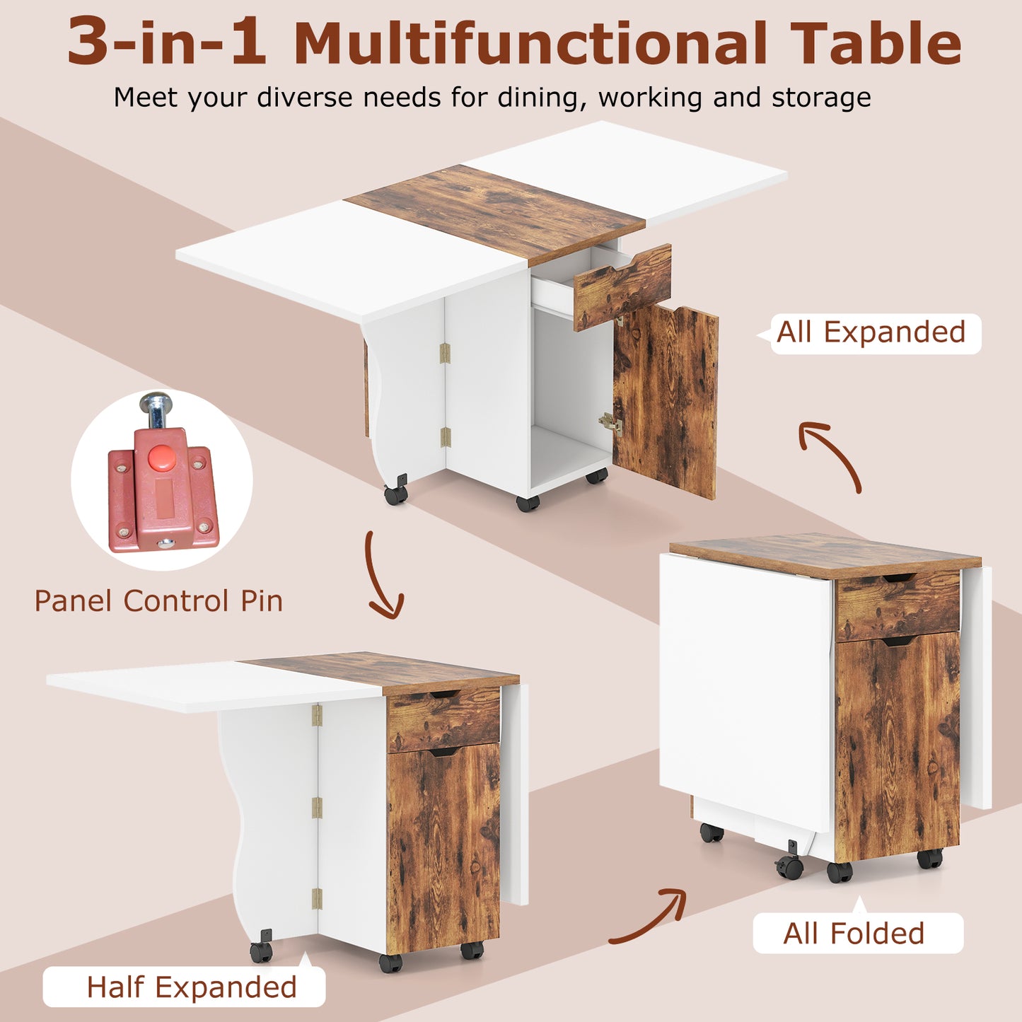 Folding Dining Table 3-in-1 Space-Saving Drop Leaf Kitchen Table with Lockable Wheels, Brown Dining Tables at Gallery Canada
