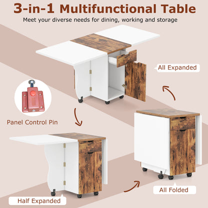 Folding Dining Table 3-in-1 Space-Saving Drop Leaf Kitchen Table with Lockable Wheels, Brown Dining Tables at Gallery Canada