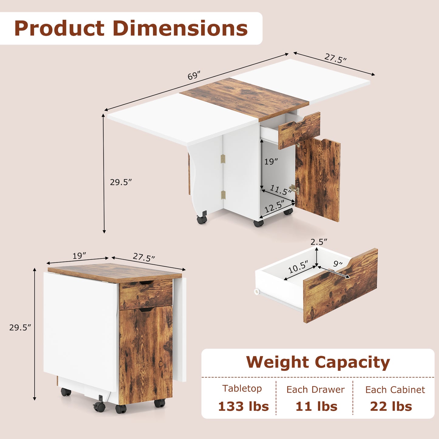 Folding Dining Table 3-in-1 Space-Saving Drop Leaf Kitchen Table with Lockable Wheels, Brown Dining Tables at Gallery Canada