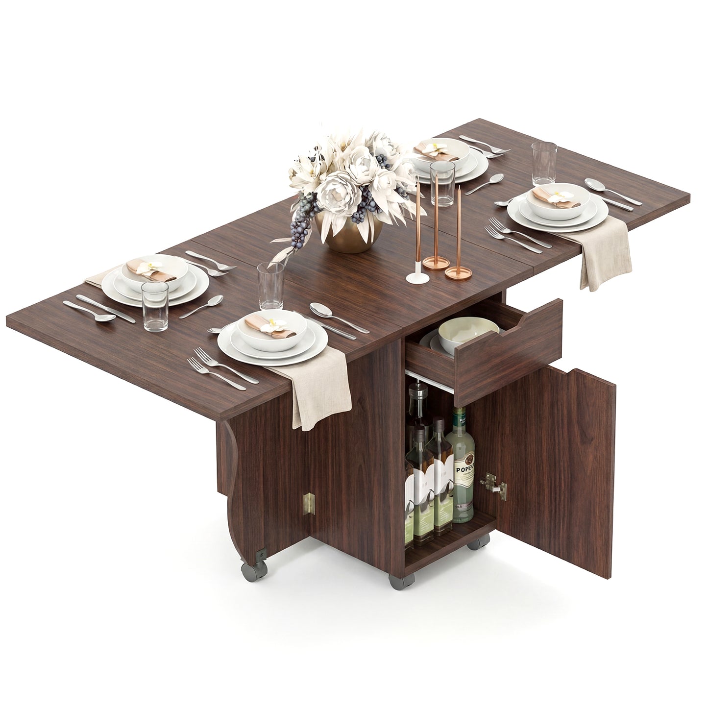 Folding Dining Table 3-in-1 Space-Saving Drop Leaf Kitchen Table with Lockable Wheels, Walnut Dining Tables Walnut at Gallery Canada