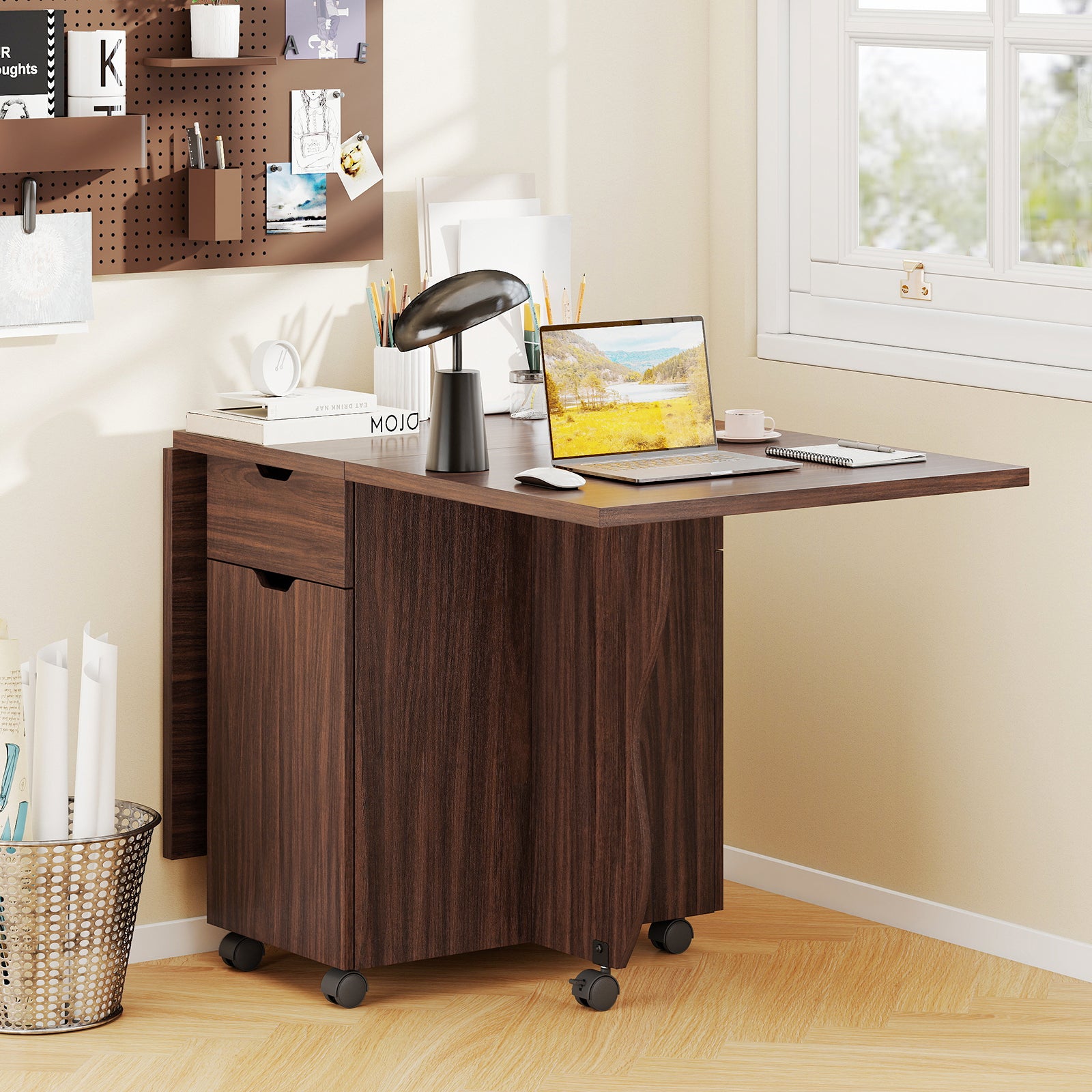 Folding Dining Table 3-in-1 Space-Saving Drop Leaf Kitchen Table with Lockable Wheels, Walnut Dining Tables at Gallery Canada