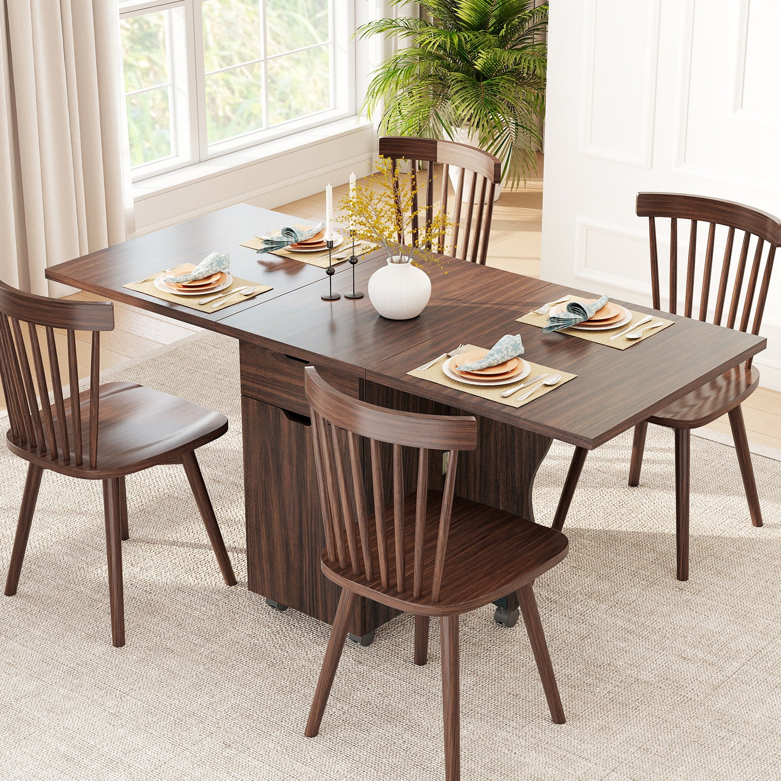 Folding Dining Table 3-in-1 Space-Saving Drop Leaf Kitchen Table with Lockable Wheels, Walnut Dining Tables at Gallery Canada