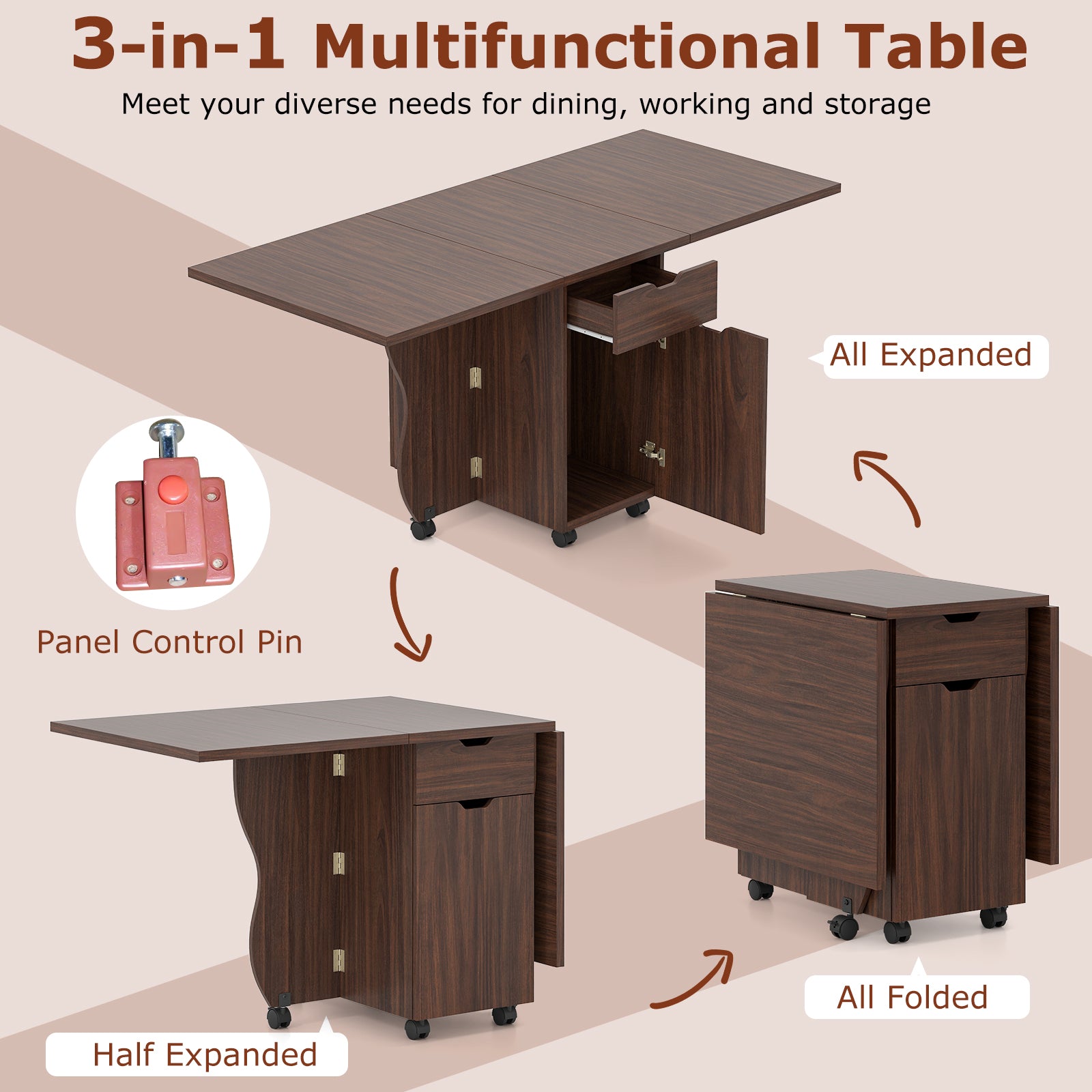 Folding Dining Table 3-in-1 Space-Saving Drop Leaf Kitchen Table with Lockable Wheels, Walnut Dining Tables at Gallery Canada