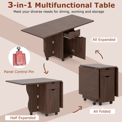 Folding Dining Table 3-in-1 Space-Saving Drop Leaf Kitchen Table with Lockable Wheels, Walnut Dining Tables at Gallery Canada