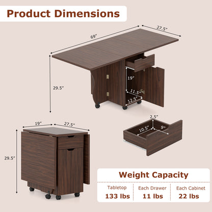 Folding Dining Table 3-in-1 Space-Saving Drop Leaf Kitchen Table with Lockable Wheels, Walnut Dining Tables at Gallery Canada