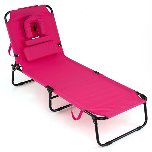 Folding Face Down Tanning Chair, Face Hole, 3 Removable Pillows, Pink