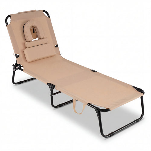 Folding Face Down Tanning Chair, Face Hole, 3 Removable Pillows, Beige