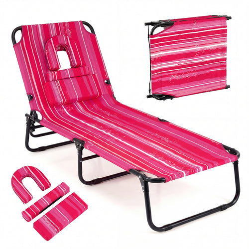 Folding Face Down Tanning Chair, Face Hole, 3 Removable Pillows, Stripe, Pink