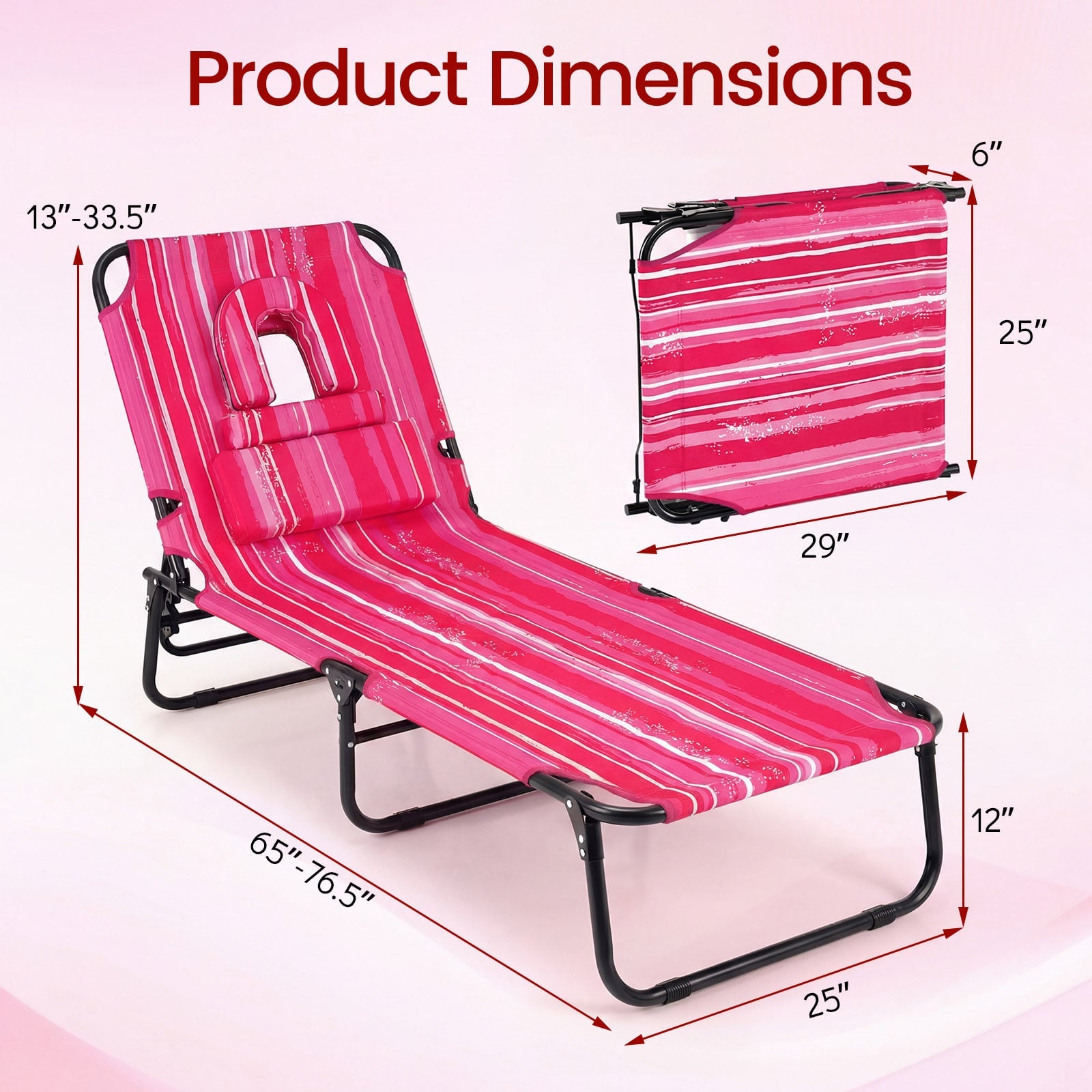 Folding Face Down Tanning Chair, Face Hole, 3 Removable Pillows, Stripe, Pink Beach & Lawn Chairs at Gallery Canada
