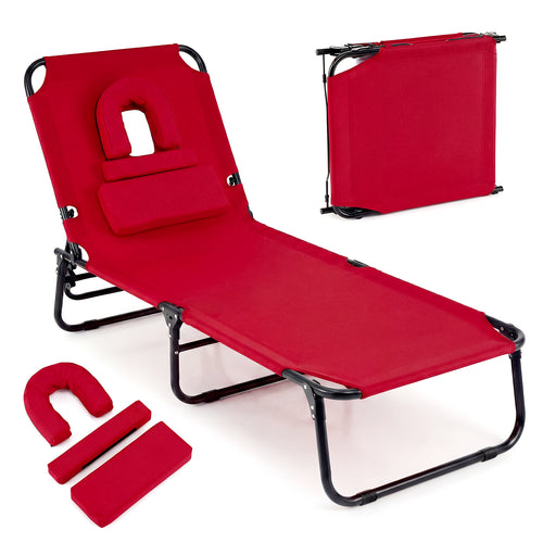 Folding Face Down Tanning Chair, Face Hole, 3 Removable Pillows, Red