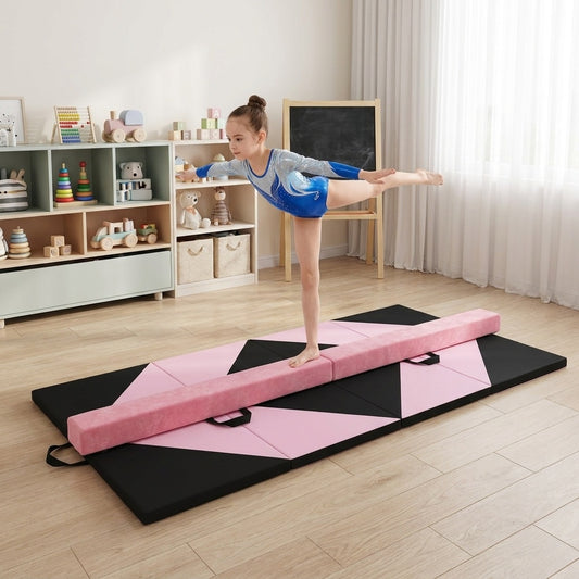 Folding Gymnastics Mat & Portable Floor Balance Beam Set Yoga & Gym Mats Pink + Black at Gallery Canada