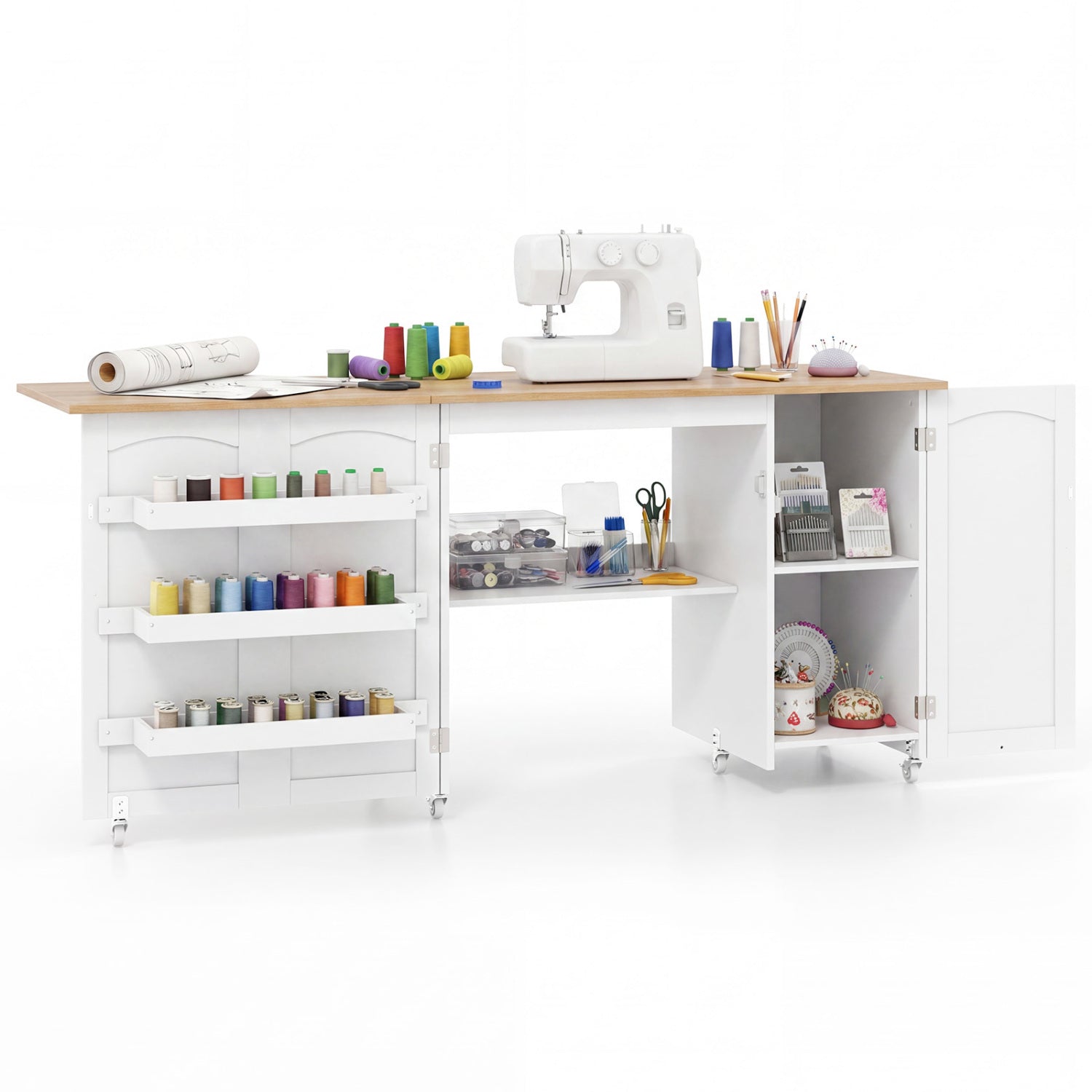Folding Large Sewing Table With Storage, Beige Sewing Tables at Gallery Canada