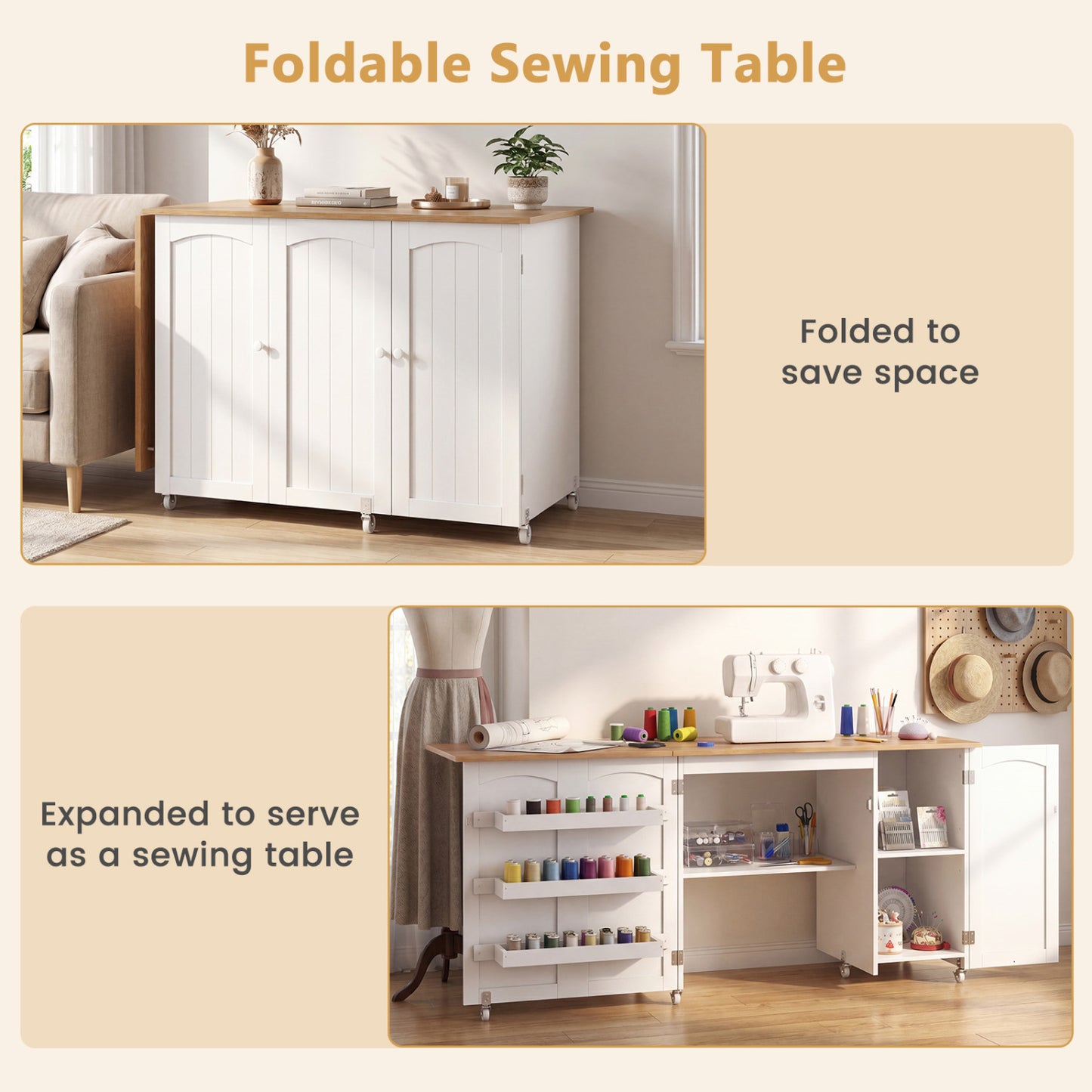Folding Large Sewing Table With Storage, Beige Sewing Tables at Gallery Canada