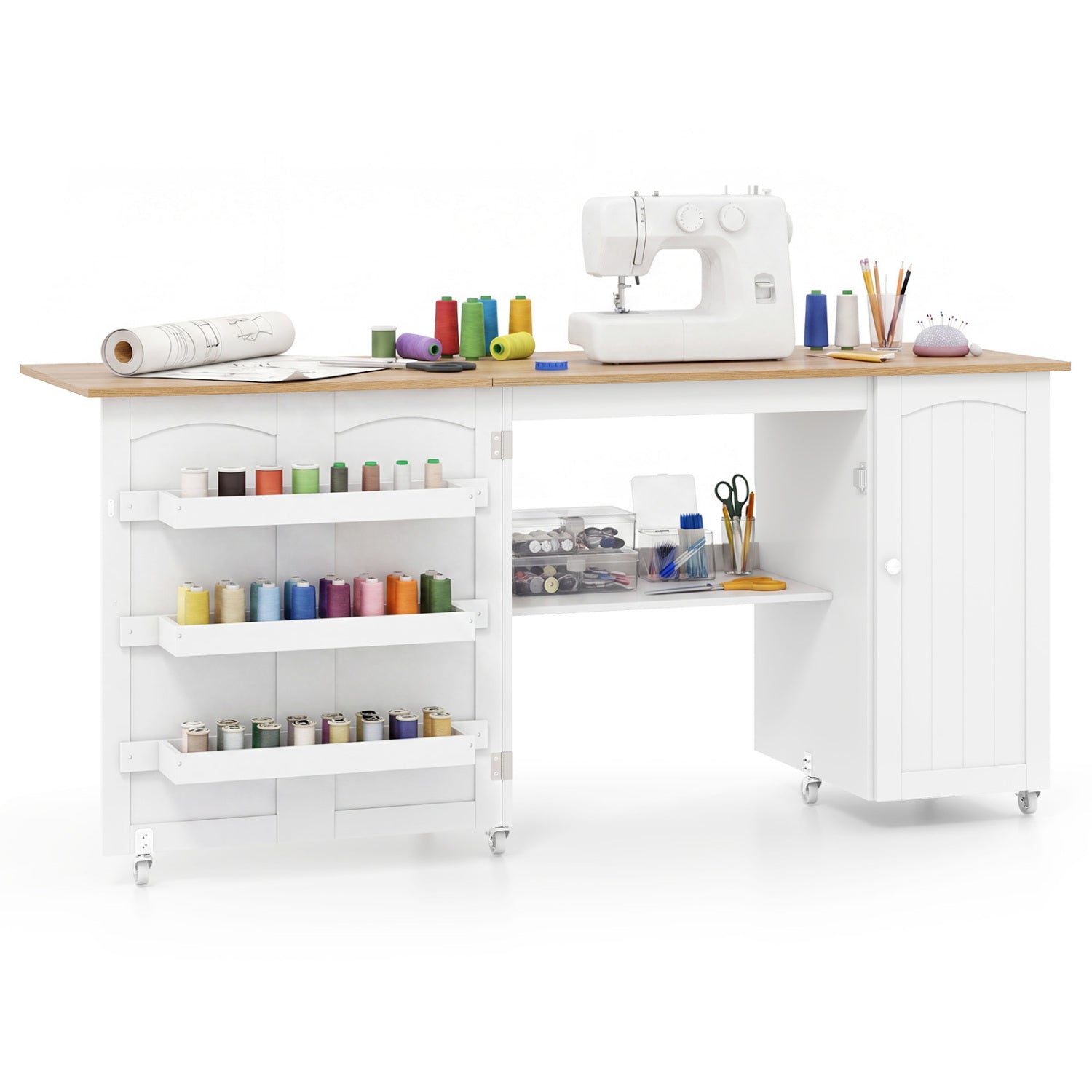 Folding Large Sewing Table With Storage, Beige Sewing Tables Beige at Gallery Canada