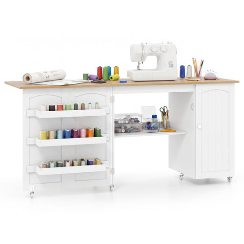 Folding Large Sewing Table With Storage, Beige