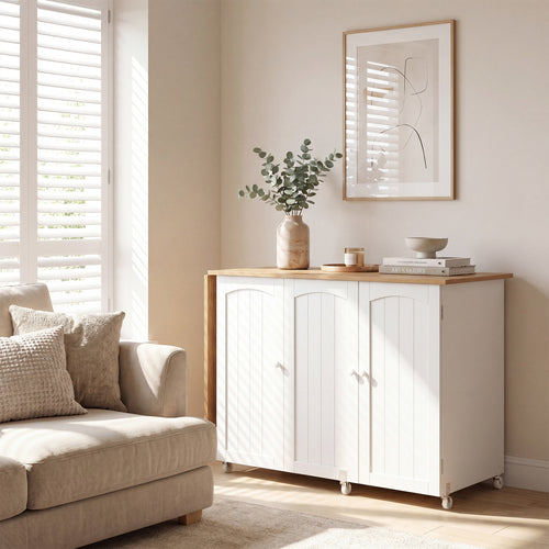 Folding Large Sewing Table With Storage, Beige