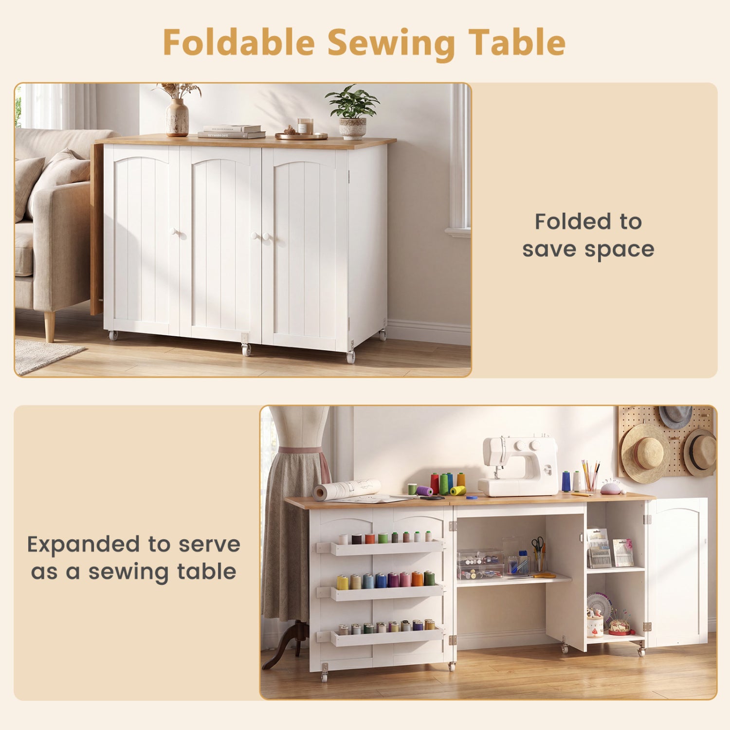 Folding Large Sewing Table With Storage, Beige Sewing Tables at Gallery Canada