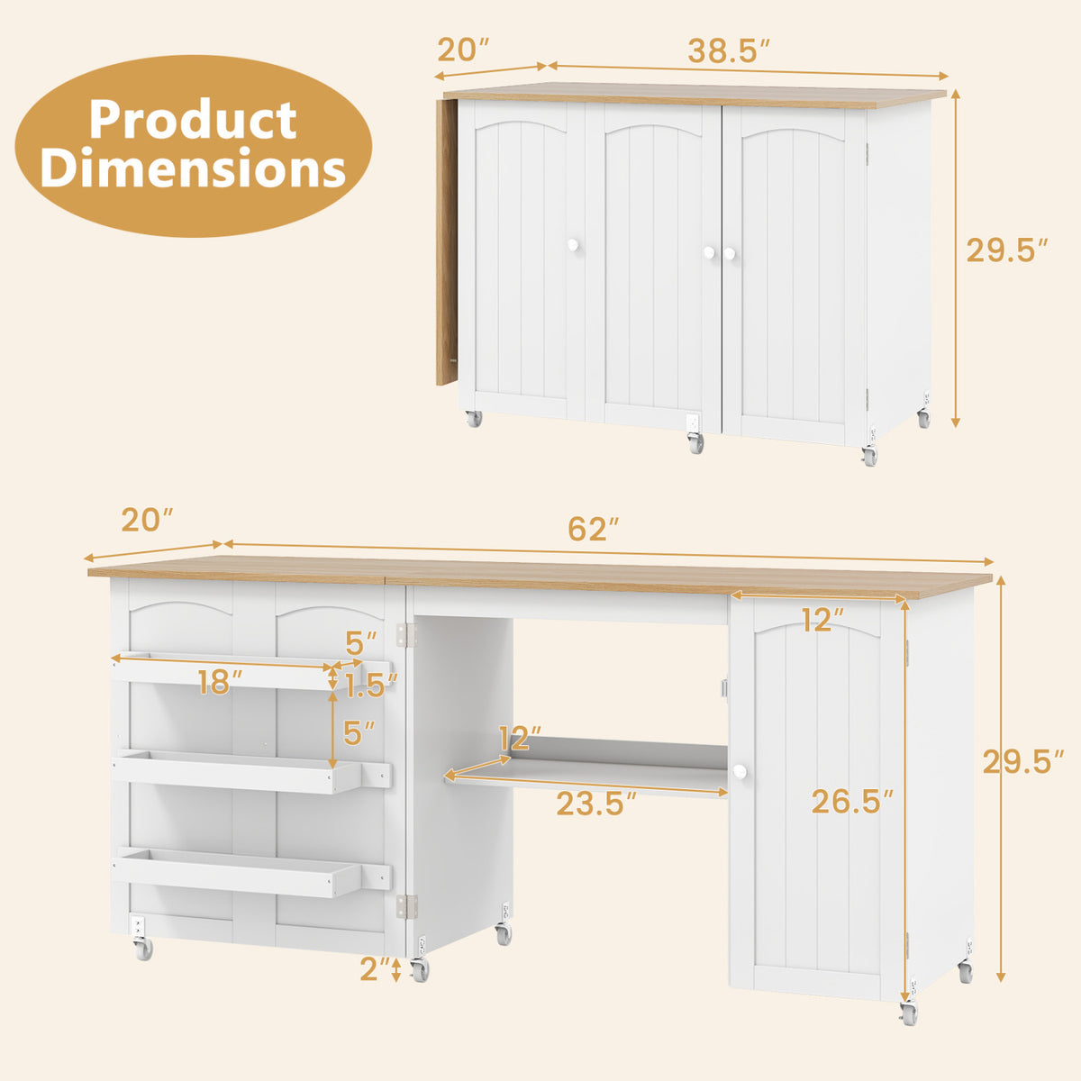 Folding Large Sewing Table With Storage, Beige Sewing Tables at Gallery Canada
