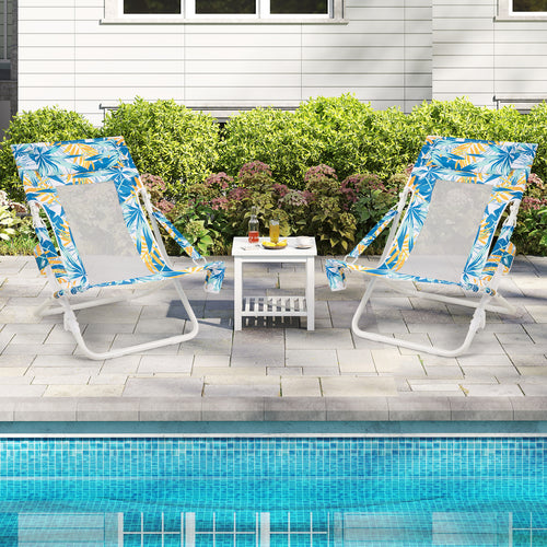 Folding Low Beach Chair Set of 2 Patio Sling Chairs with Padded Head Pillow, Blue