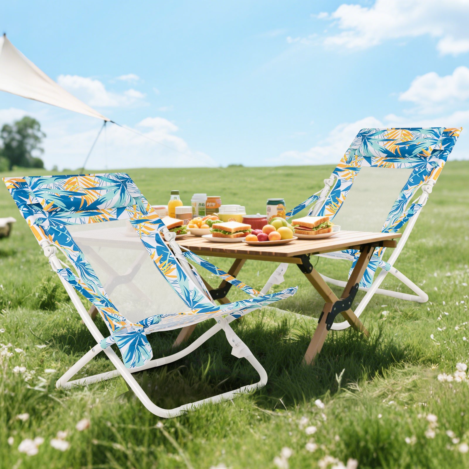 Folding Low Beach Chair Set of 2 Patio Sling Chairs with Padded Head Pillow, Blue Outdoor Benches at Gallery Canada