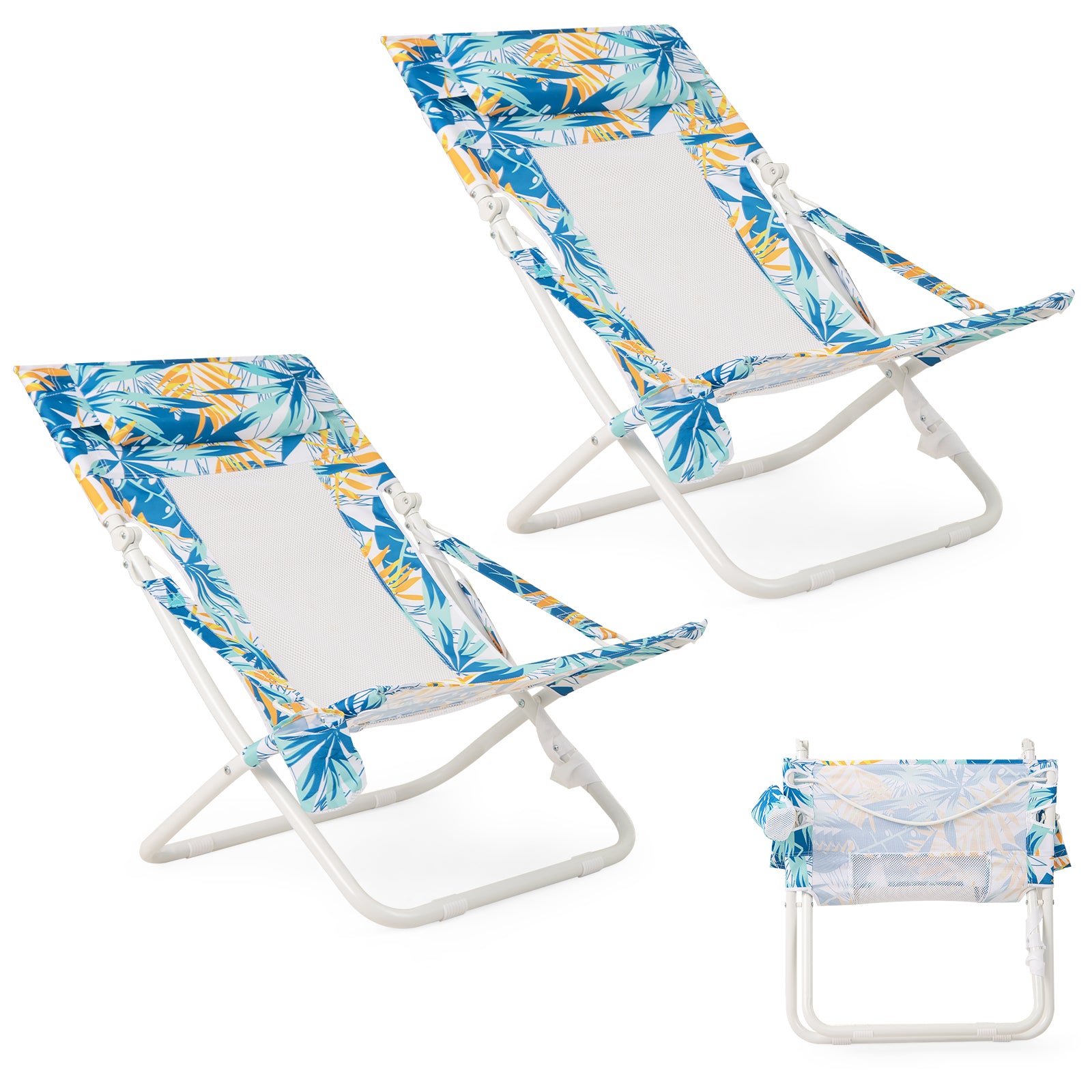 Folding Low Beach Chair Set of 2 Patio Sling Chairs with Padded Head Pillow, Blue Outdoor Benches Blue at Gallery Canada