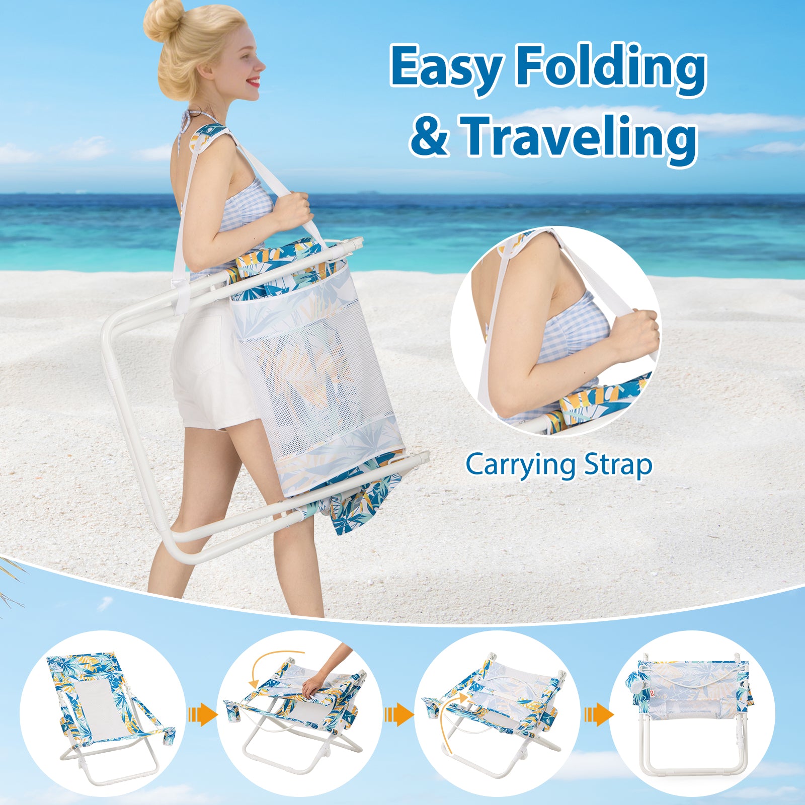 Folding Low Beach Chair Set of 2 Patio Sling Chairs with Padded Head Pillow, Blue Outdoor Benches at Gallery Canada