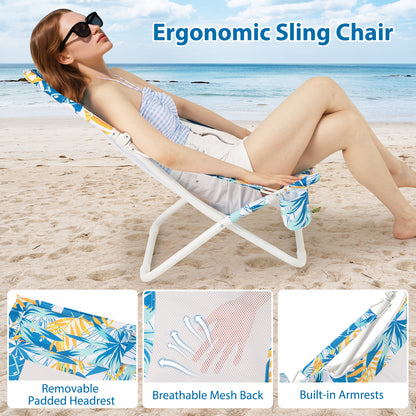 Folding Low Beach Chair Set of 2 Patio Sling Chairs with Padded Head Pillow, Blue Outdoor Benches at Gallery Canada