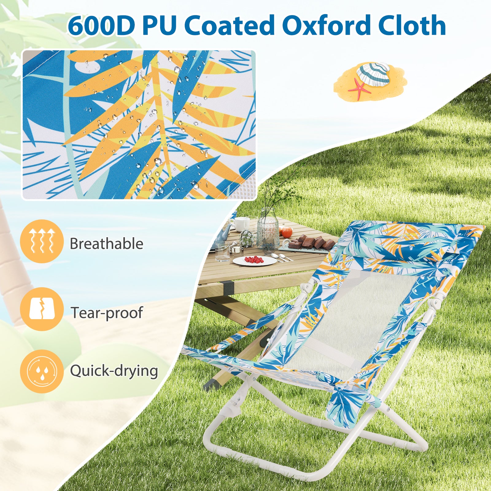 Folding Low Beach Chair Set of 2 Patio Sling Chairs with Padded Head Pillow, Blue Outdoor Benches at Gallery Canada