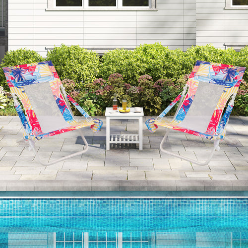 Folding Low Beach Chair Set of 2 Patio Sling Chairs with Padded Head Pillow, Pink