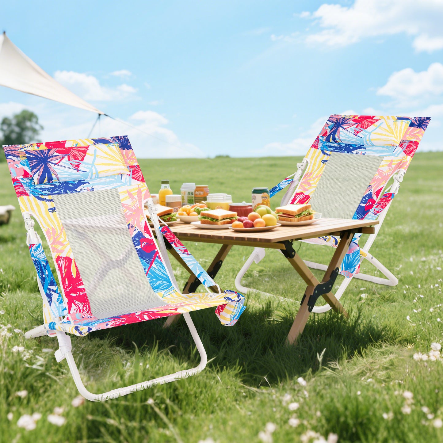 Folding Low Beach Chair Set of 2 Patio Sling Chairs with Padded Head Pillow, Pink Outdoor Benches at Gallery Canada