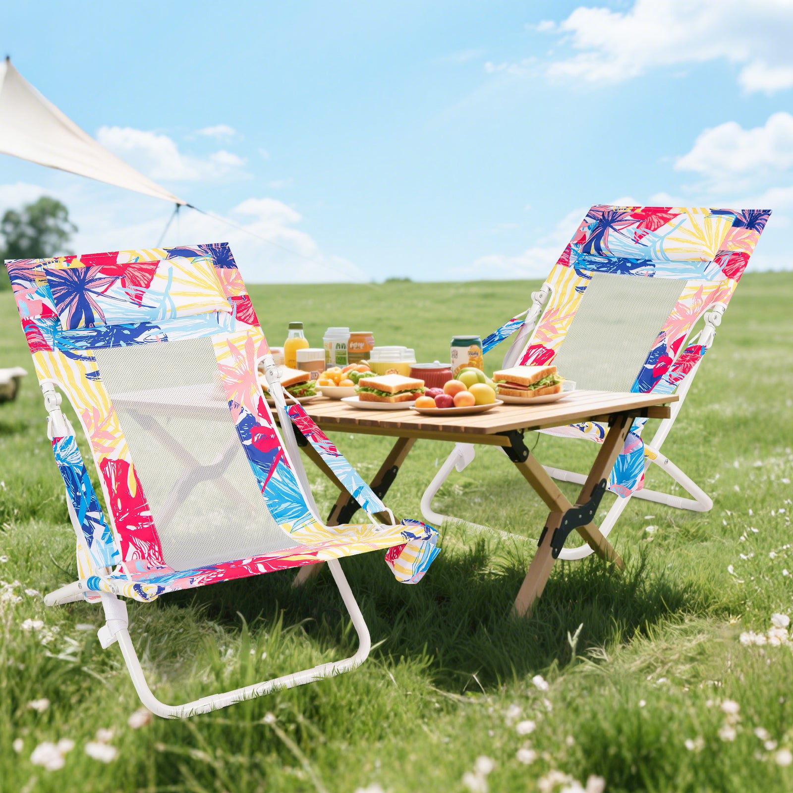 Folding Low Beach Chair Set of 2 Patio Sling Chairs with Padded Head Pillow, Pink Outdoor Benches at Gallery Canada