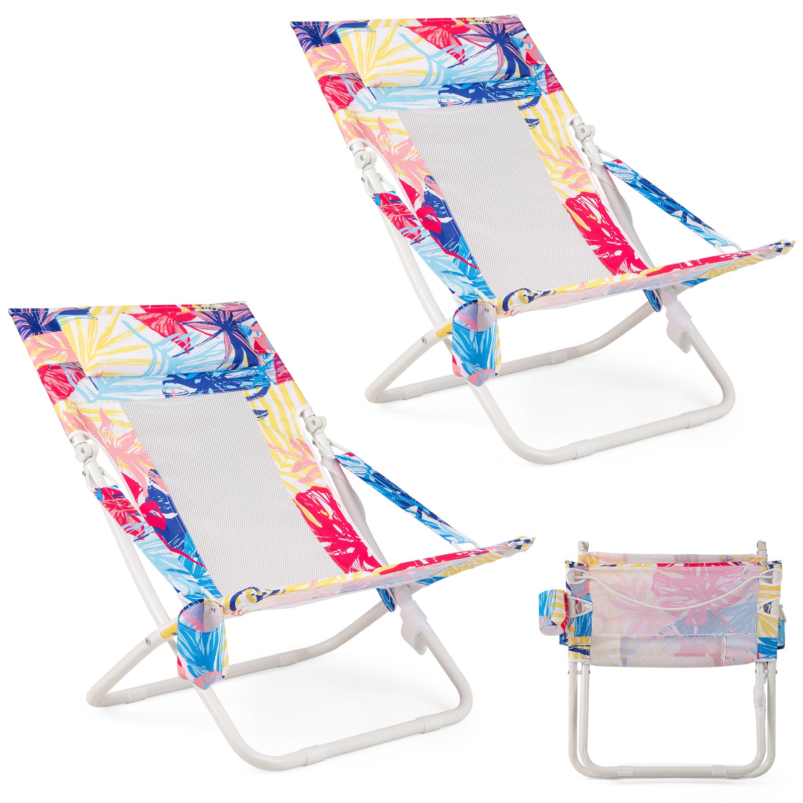 Folding Low Beach Chair Set of 2 Patio Sling Chairs with Padded Head Pillow, Pink Outdoor Benches Pink at Gallery Canada
