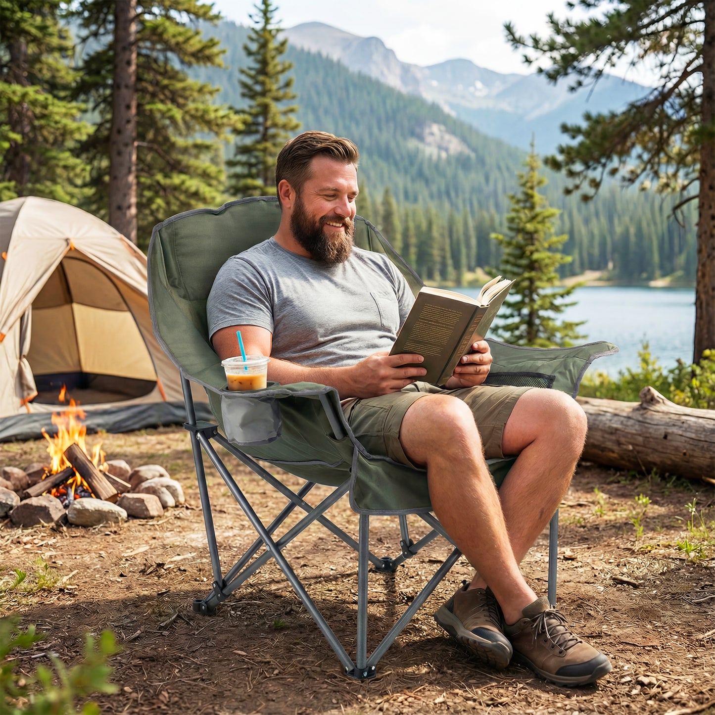 Folding Oversized Camping Chair, Side Pockets, Cup Holder, Green Camping Furniture at Gallery Canada