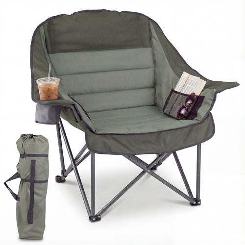 Folding Oversized Camping Chair, Side Pockets, Cup Holder, Green