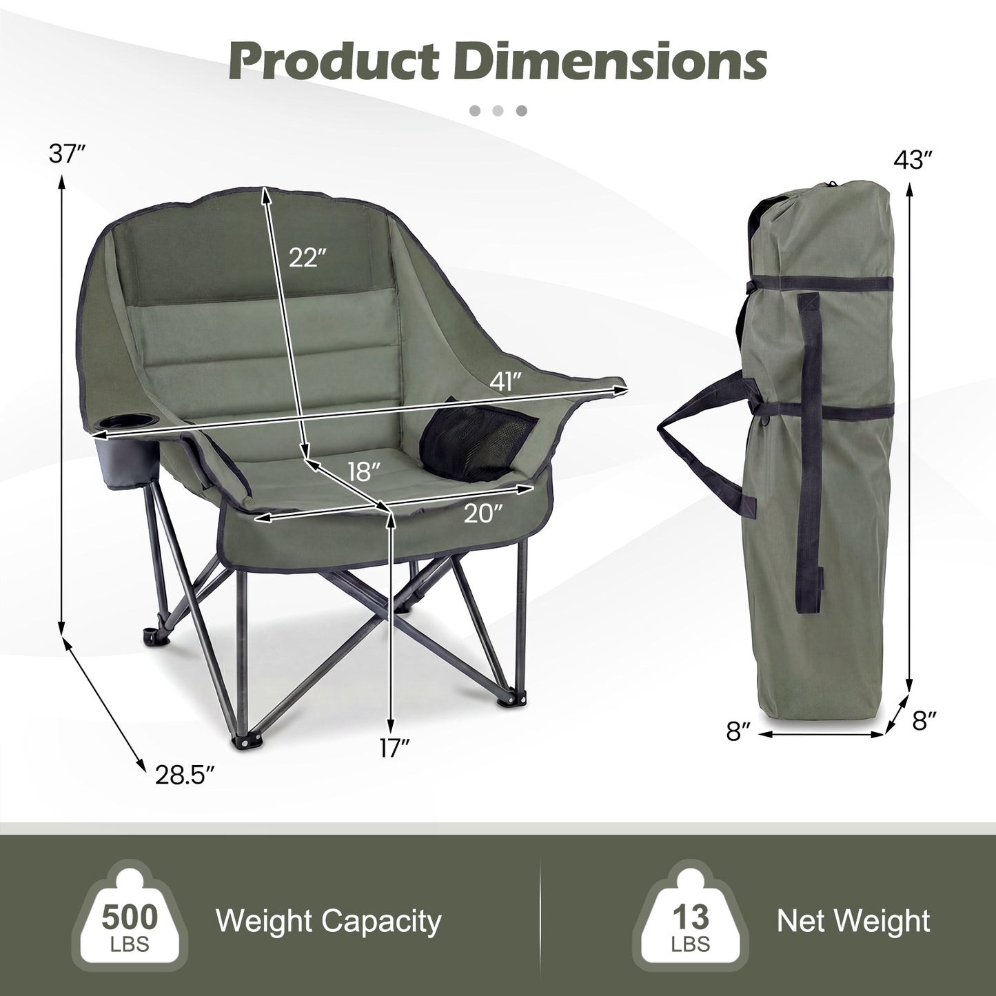 Folding Oversized Camping Chair, Side Pockets, Cup Holder, Green Camping Furniture at Gallery Canada