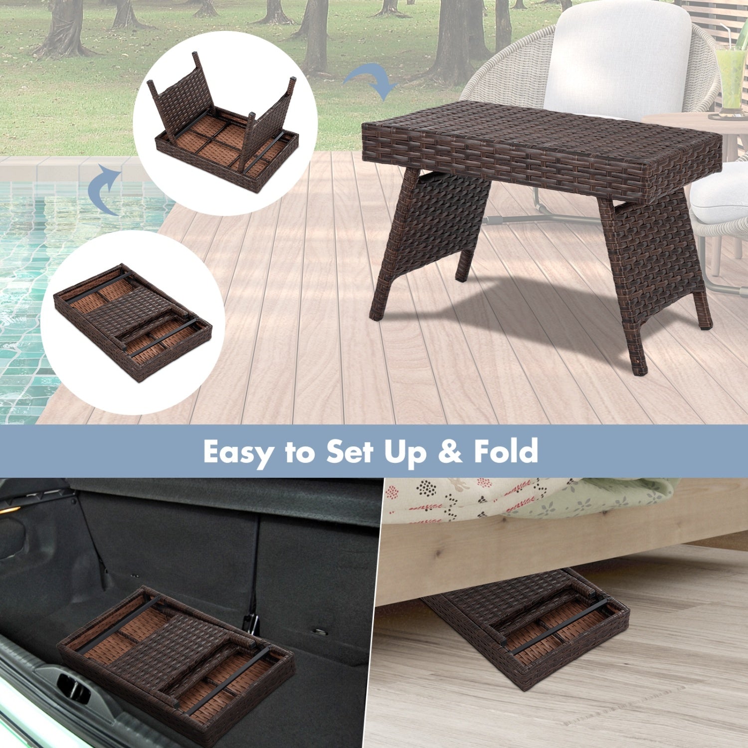 Folding PE Rattan Coffee Table, Brown Patio Coffee Tables at Gallery Canada