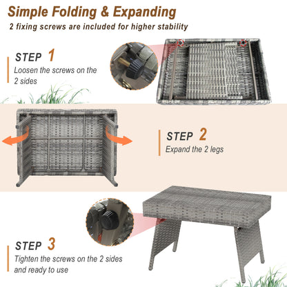 Folding PE Rattan Side Coffee Table, Gray