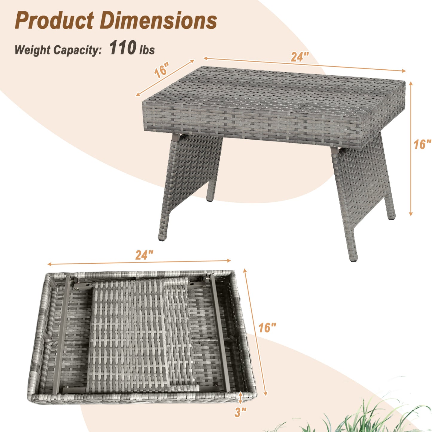 Folding PE Rattan Side Coffee Table, Gray