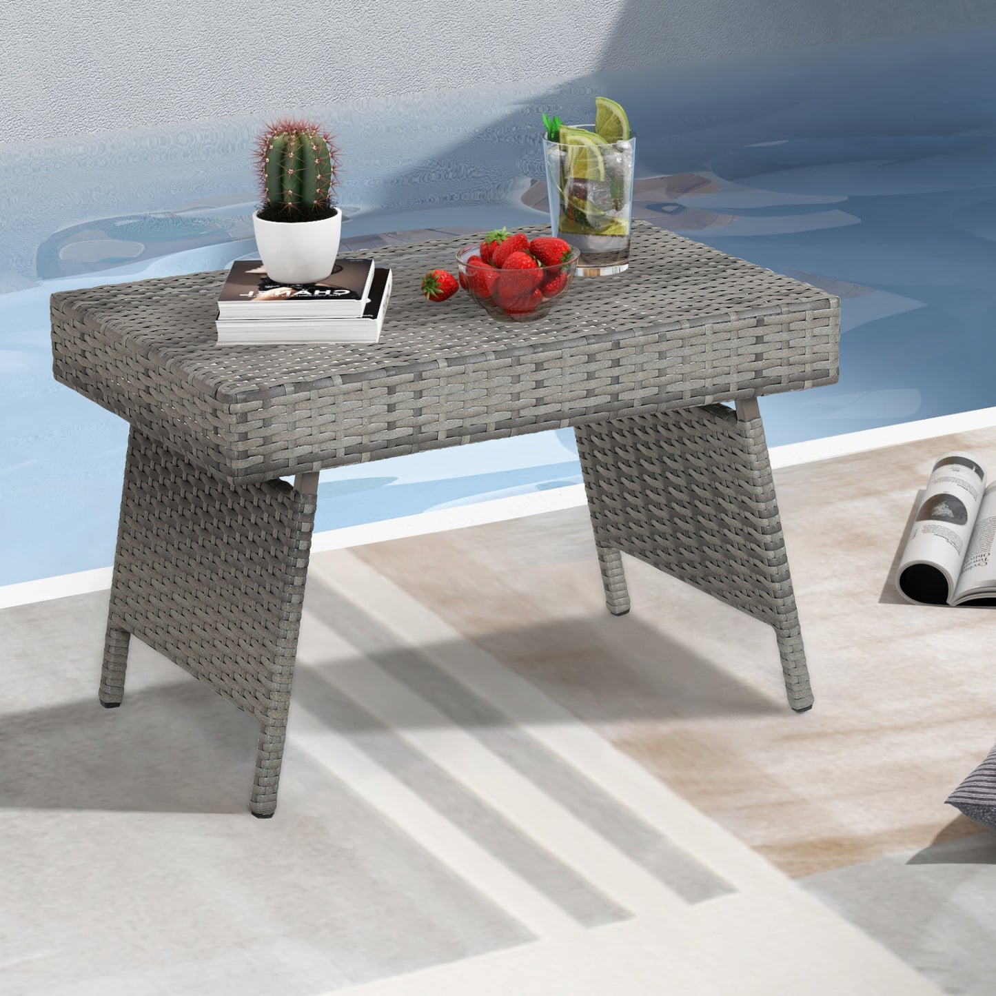 Folding PE Rattan Side Coffee Table, Gray