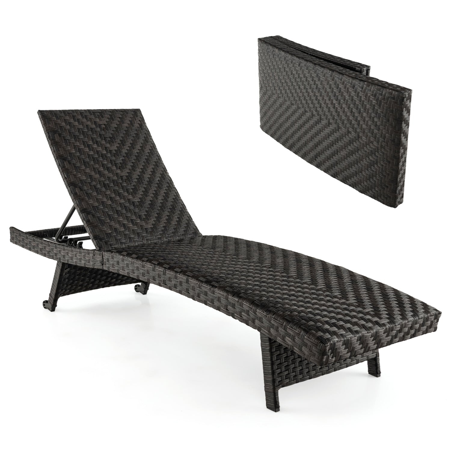 Folding Padded Rattan Chaise Lounge, Adjustable Backrest, Quick Dry Foam, Brown Outdoor Chaise Lounges Brown at Gallery Canada