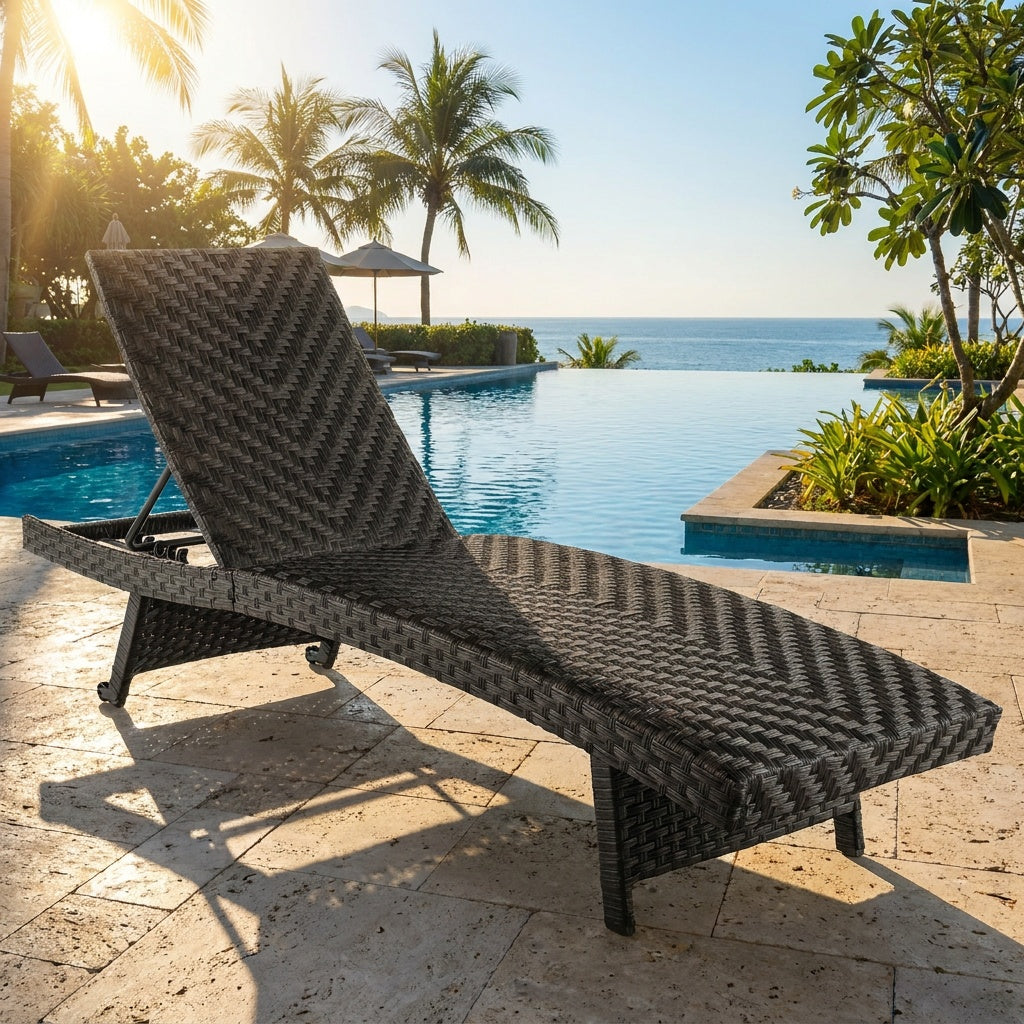 Folding Padded Rattan Chaise Lounge, Adjustable Backrest, Quick Dry Foam, Brown Outdoor Chaise Lounges at Gallery Canada