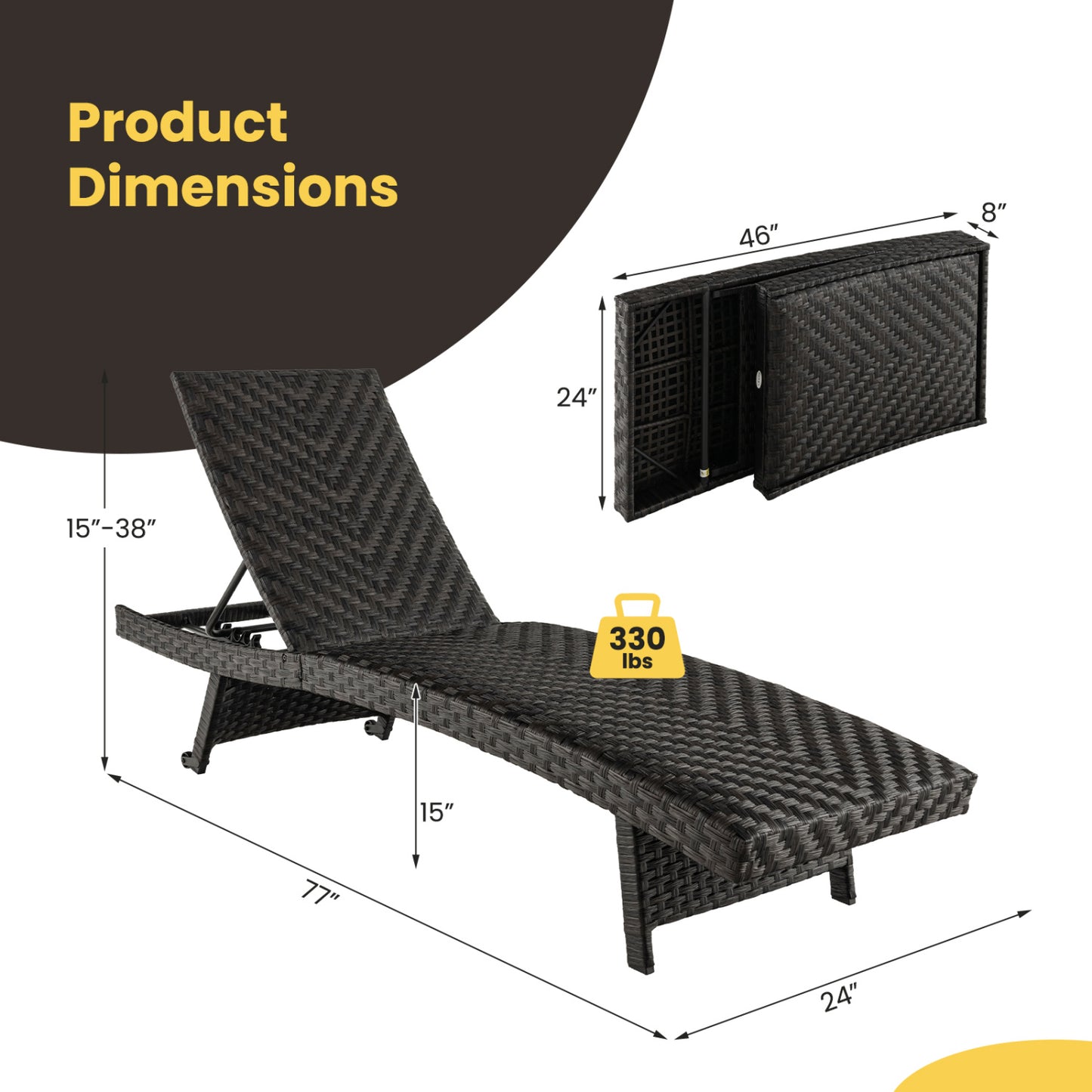 Folding Rattan Patio Chaise Lounge Set of 2, Brown
