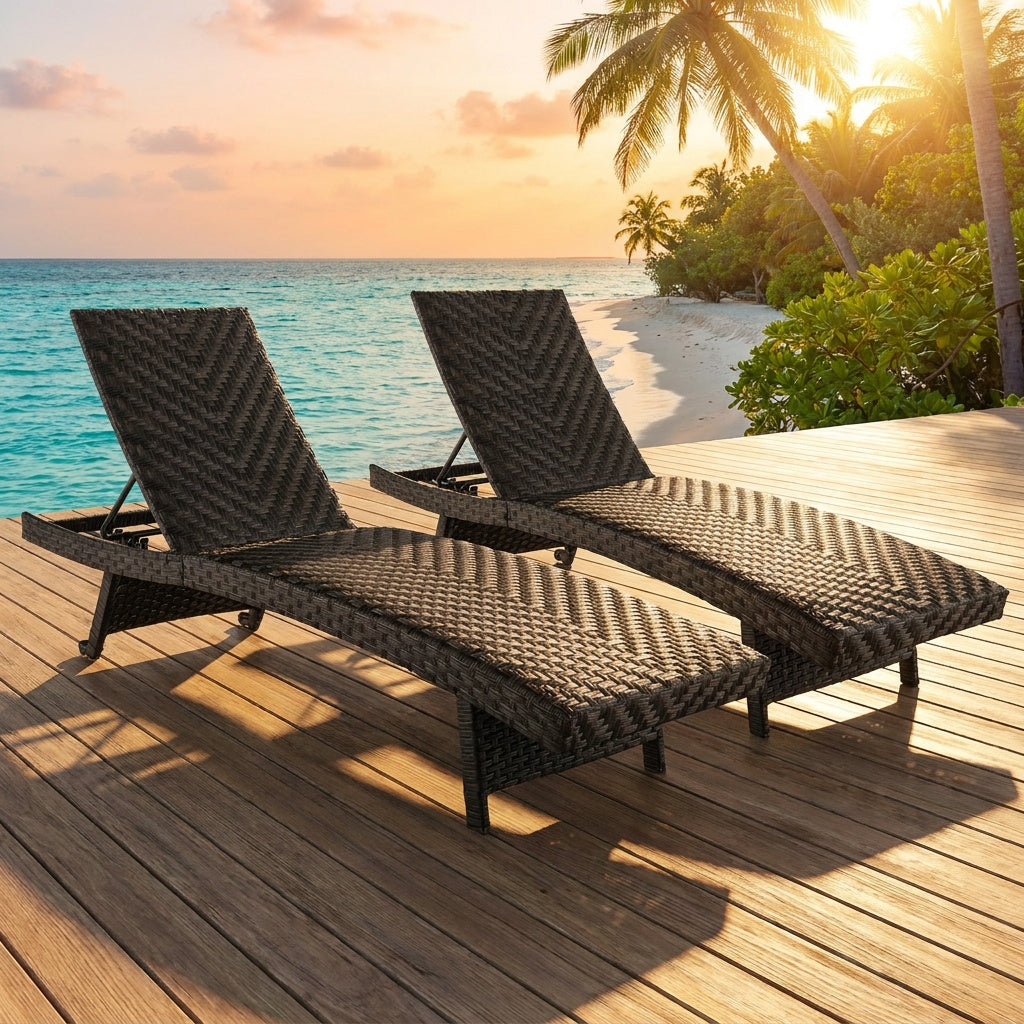 Folding Rattan Patio Chaise Lounge Set of 2, Brown