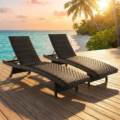 Folding Rattan Patio Chaise Lounge Set of 2, Brown