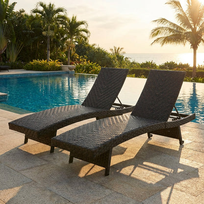 Folding Rattan Patio Chaise Lounge Set of 2, Brown